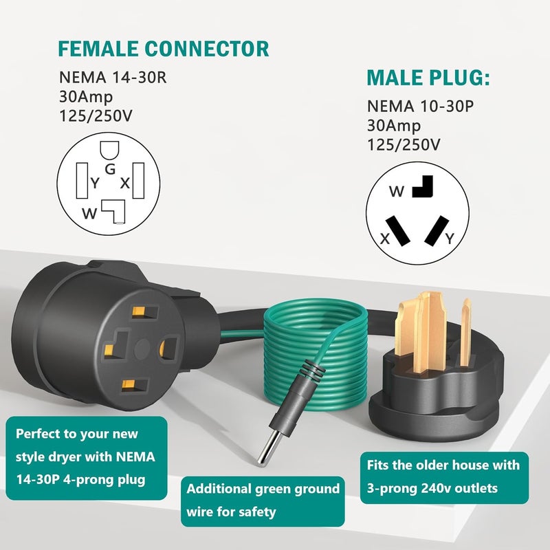 Strightinc 4 Prong to 3 Prong Dryer Plug Adapter with Green Ground Wire, Connects 4-Prong New Dryer Female to 3 Prong Old Dryer Male Receptacle, 10-30P to 14-30R Dryer Adapter - Image 3